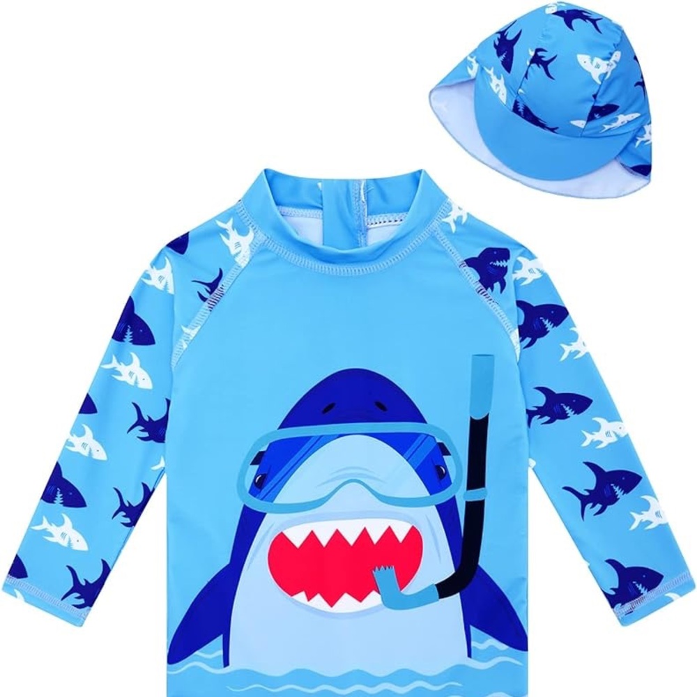 9/12 Month Like New Shark Infant Rashguard and matching hat Blue